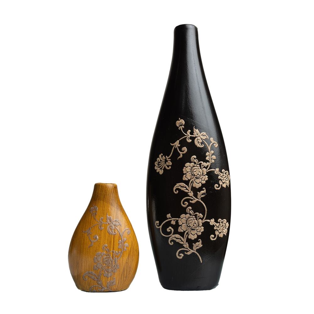 Vintage Faux Wood Ceramic Vase Set 2pc Raised Relief Floral Boho Decor Textured